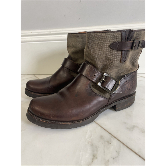 Frye, Women’s 7.5, Dark Brown Chocolate Leather And Canvas Low Buckle Ankle Boot - Picture 1 of 11